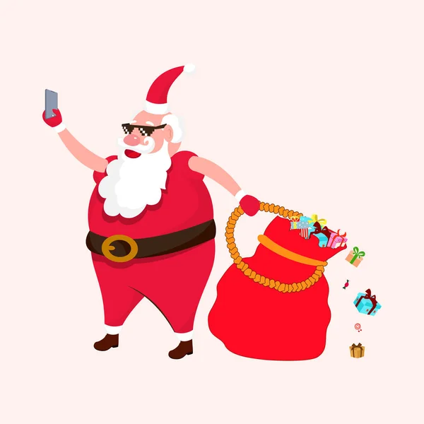 Холодный Санта Клаус Черных Когтях Делает Селфи Мешком Подарков — стоковый вектор