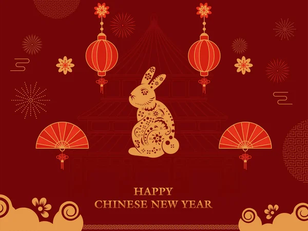 Fuente Feliz Año Nuevo Chino Con Conejo Elegante Ventiladores Plegados — Vector de stock