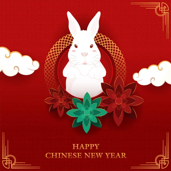传统红色图案背景下的快乐中国新年小白兔 — 图库矢量图片