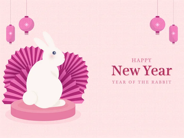 Happy New Year Rabbit Concept Cute Bunny Sitting Podium Folded — Stock Vector