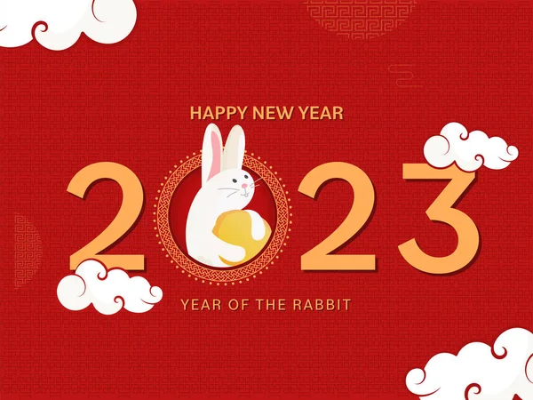 2023 Mutlu Çin Yeni Yılı Sevimli Tavşan Hayvanı ve Kırmızı Bulutlu Geleneksel Şablon Arkaplanı.