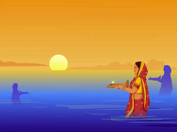 ビハール州チャット 川の銀行で夕日を崇拝するヒンドゥ教の宗教的な女性のインド地域祭り — ストックベクタ