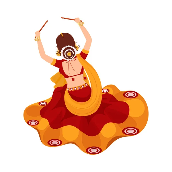 Вид Индийскую Молодую Женщину Танцующую Дандию Традиционном Наряде Белом Фоне — стоковый вектор