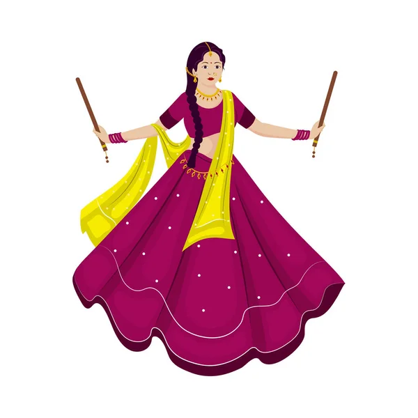 Krásná Indická Mladá Žena Hrát Dandiya Tradičním Oblečení Bílém Pozadí — Stockový vektor