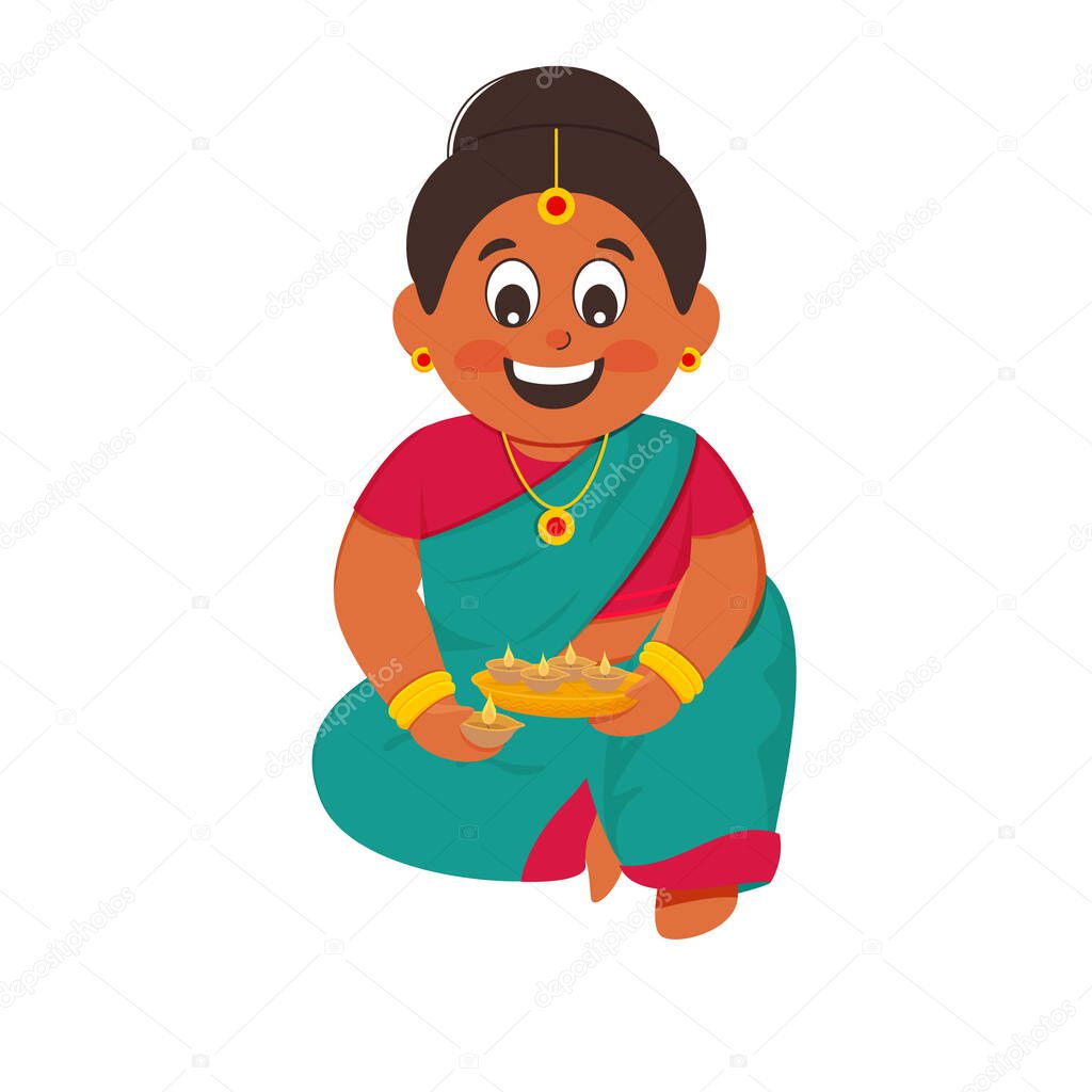 Cartoon Indian Woman Holding Plate Of Lit Oil Lamps (Diya) On White Background.