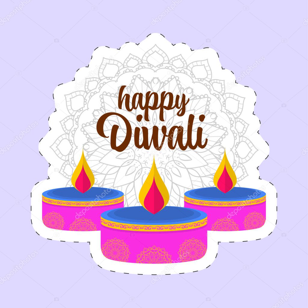 Happy Diwali Font With Lit Tealight Candles And Mandala Pattern In Sticky On Violet Background.