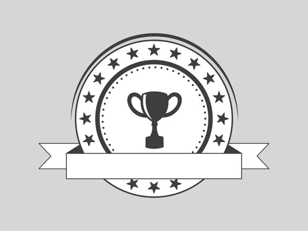 Distintivo Rotondo Etichetta Con Trofeo Nastro Bianco Sfondo Grigio — Vettoriale Stock