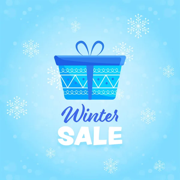 Winter Sale Poster Design Gift Box Snowflakes Decorated Blue Bokeh — Stock Vector