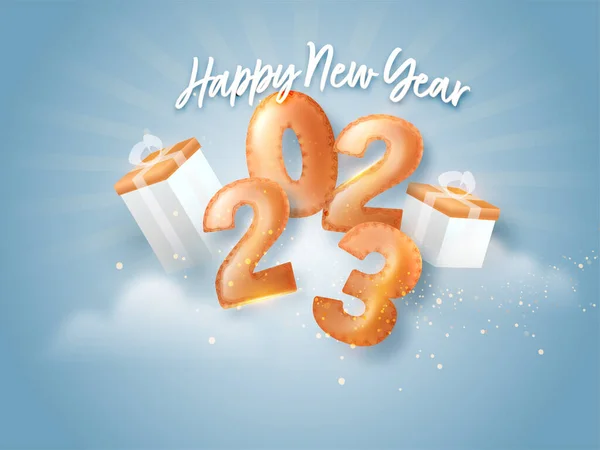 2023有礼物盒的数字与蓝色发光体背景的新年快乐概念 — 图库矢量图片