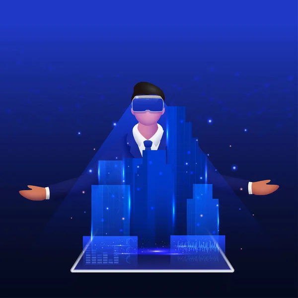 Arsitek Man Wearing Headset Looking Holographic Projection Building City Blue - Stok Vektor