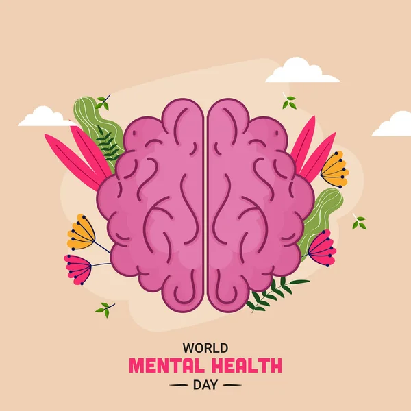 Concepto Del Día Mundial Salud Mental Con Cerebro Vectorial Flores — Archivo Imágenes Vectoriales