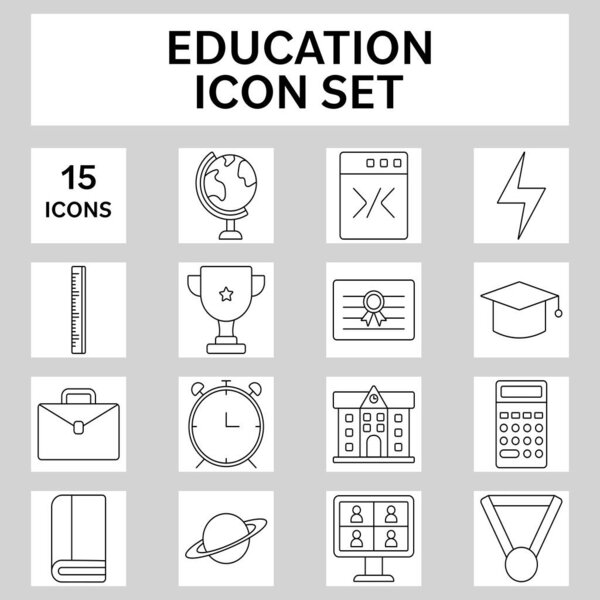 Black Outline Of Education Icons Over Grey Square Background.