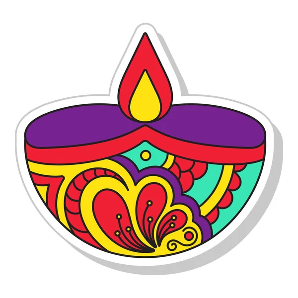 Beautiful Filigree Diya Oil Lamp Colorful Icon Sticker Style — Stock Vector