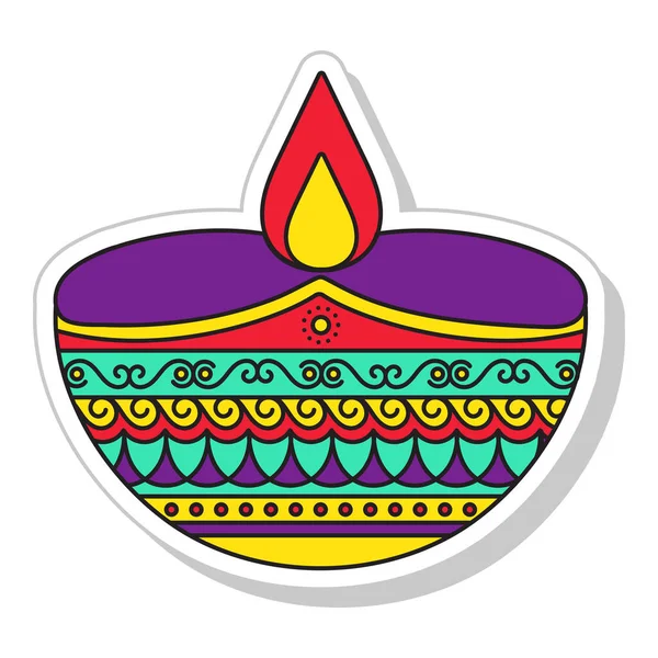 Diya Floral Ardiente Colorido Lámpara Aceite Icono Estilo Etiqueta Engomada — Vector de stock