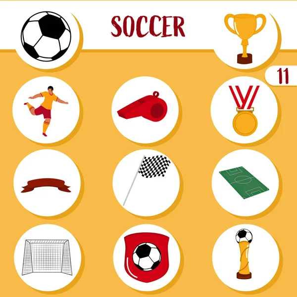 Flat Soccer Football Icons Set White Yellow Circles Background — Stock Vector