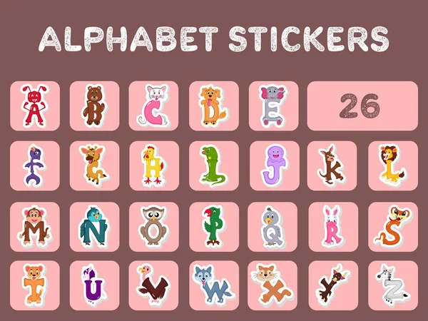 Sticker Style Αγγλική Αλφάβητο Ζώων Κινούμενο Σχέδιο Εικονίδιο Που Πάνω — Διανυσματικό Αρχείο