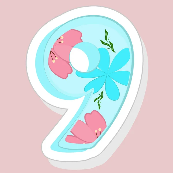 Sticker Style Μπλε Floral Νούμερο Ροζ Φόντο — Διανυσματικό Αρχείο