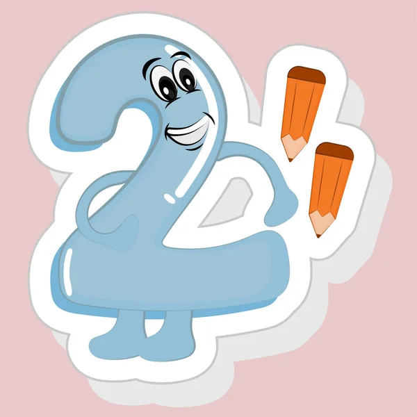 Sticker Style Grappig Cartoon Nummer Met Potloden Roze Achtergrond — Stockvector