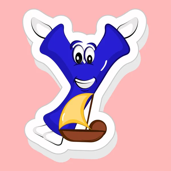 Sticker Style Bleu Alphabet Dessin Animé Avec Yacht Sur Fond — Image vectorielle