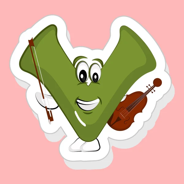 Sticker Style Green Alphabet Cartoon Character Playing Violin Pink Background — Stock Vector