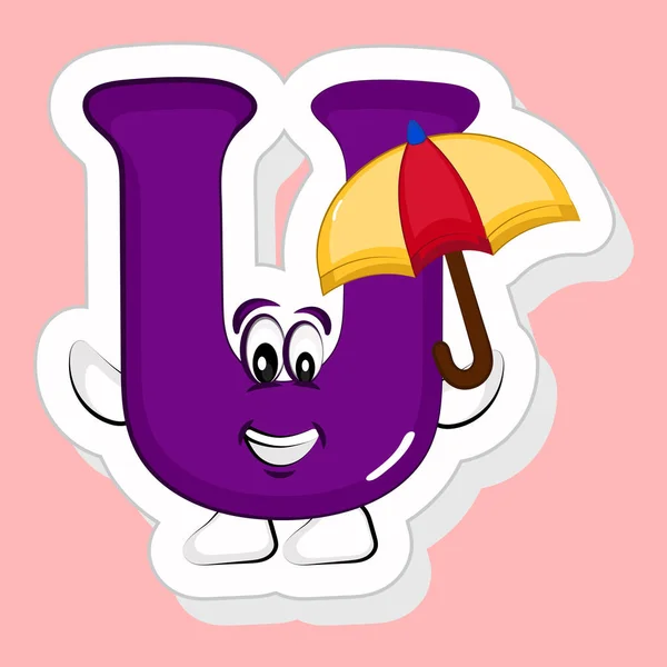 Stil Autocolant Purple Alfabet Cartoon Caractere Care Dețin Umbrelă Fundal — Vector de stoc