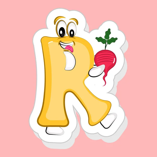 Sticker Style Κίτρινο Αλφάβητο Cartoon Character Holding Radish Ροζ Φόντο — Διανυσματικό Αρχείο