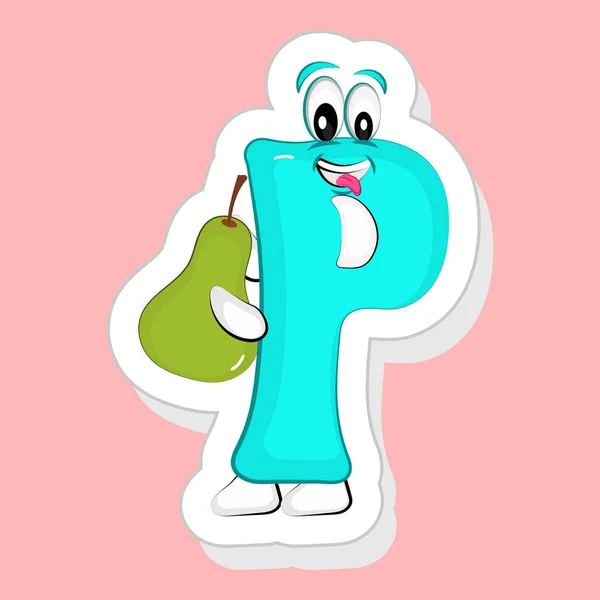 Sticker Style Blue Alphabet Cartoon Holding Pear Pink Background — Stock Vector