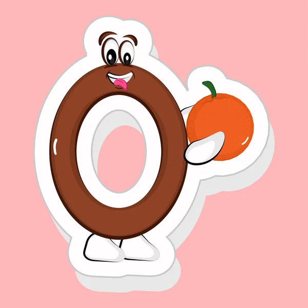 Sticker Style Alphabet Cartoon Character Holding Πορτοκαλί Φρούτα Ροζ Φόντο — Διανυσματικό Αρχείο