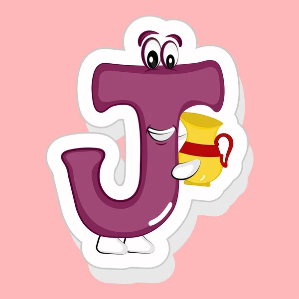 Sticker Style Alphabet Cartoon Character Holding Jug Pink Background — Stock Vector