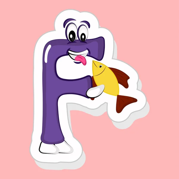 Sticker Style Purple Alphabet Cartoon Character Holding Ψάρια Ροζ Φόντο — Διανυσματικό Αρχείο