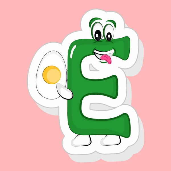 Стиль Наклейки Зелений Алфавіт Мультфільм Символ Тримає Половину Вареного Яйця — стоковий вектор