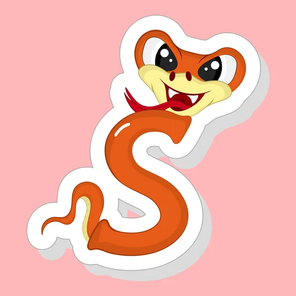 Sticker Style Orange Alphabet Animal Cartoon Snake Pink Background — Stock Vector