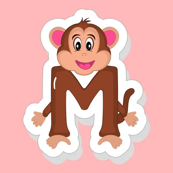 Sticker Style Alfabet Animal Cartoon Monkey Roze Achtergrond — Stockvector