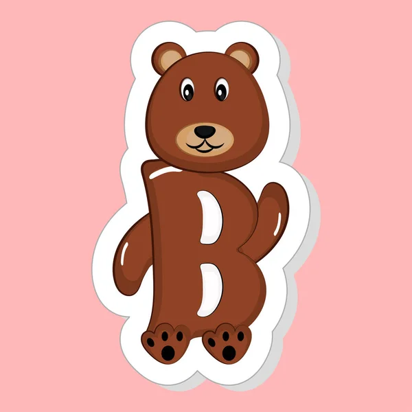 Sticker Style Alphabet Animal Cartoon Bear Pink Background — Stock Vector