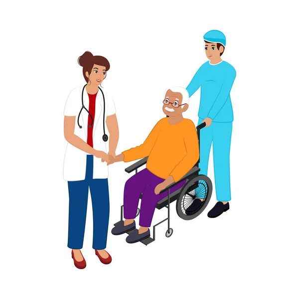 女医生检查老年病人在轮椅上与病童的白人背景 — 图库矢量图片