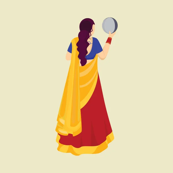 Back View Індійська Жінка Holding Sieve Постійна Поза — стоковий вектор