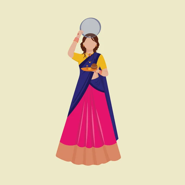 Mujer India Sin Rostro Sosteniendo Tamiz Placa Adoración Postura Pie — Vector de stock