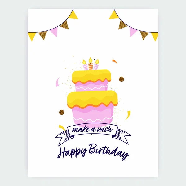 Happy Birthday Greeting Card Delicious Cake Burning Candles Bunting Flags — Stock Vector
