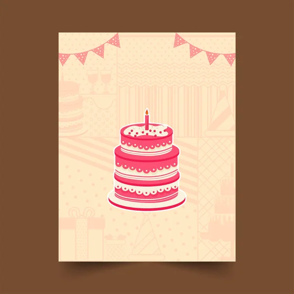 Delicioso Pastel Capa Con Vela Ardiente Banderas Bunting Fondo Patrón — Vector de stock