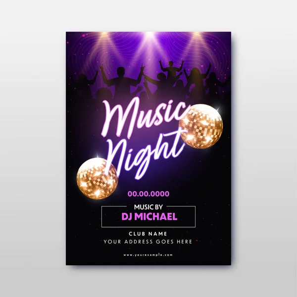 Μουσική Νύχτα Κόμμα Flyer Σχεδιασμός Μπάλες Ντίσκο Και Λεπτομέρειες Εκδήλωση — Διανυσματικό Αρχείο