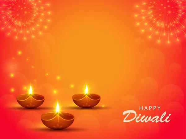Happy Diwali Celebration Concept Met Verlichte Olielampen Diya Oranje Vuurwerk — Stockvector