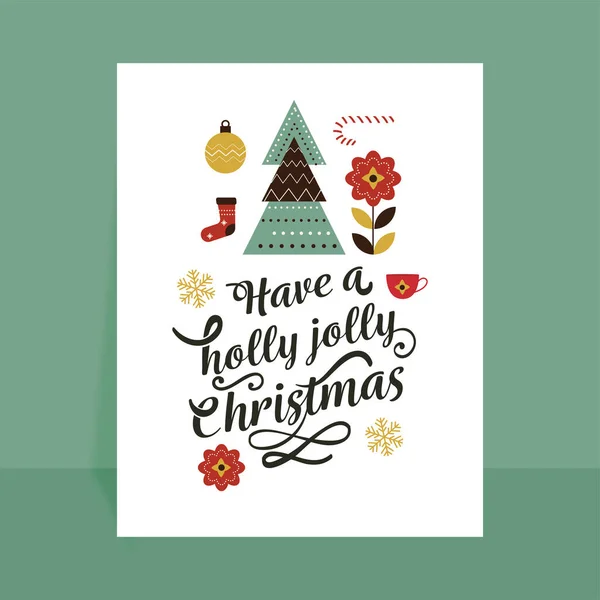 Hebben Een Holly Vrolijke Kersttekst Met Vector Kerstboom Bauble Bloemen — Stockvector