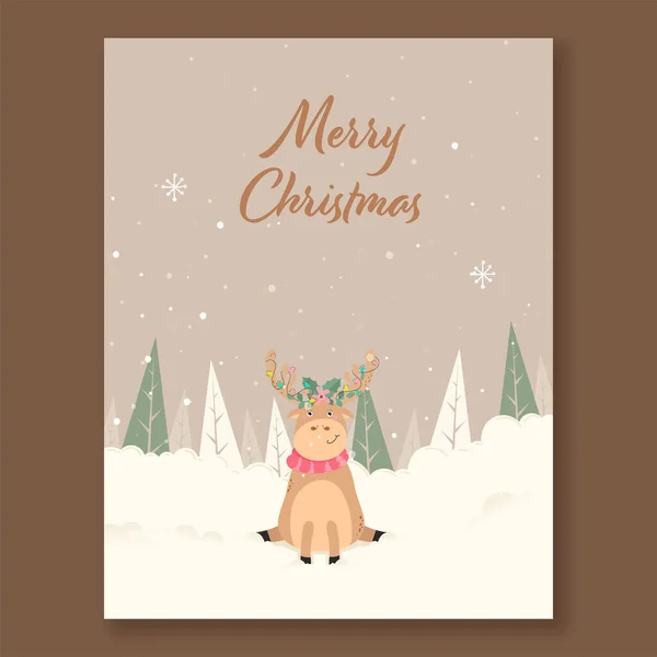 メリークリスマスグリーティングカードや漫画トナカイとフライヤーのデザイン クリスマスツリーとベージュの背景に降雪 — ストックベクタ