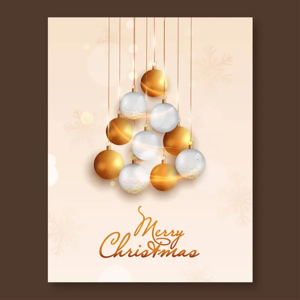 Frohe Weihnachten Flyer Design Mit Hängenden Kugeln Und Schneeflocken Auf — Stockvektor