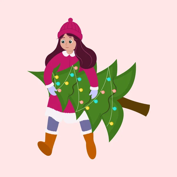 Pembe Arka Planda Yünlü Giysiler Içinde Noel Ağacını Taşıyan Genç — Stok Vektör