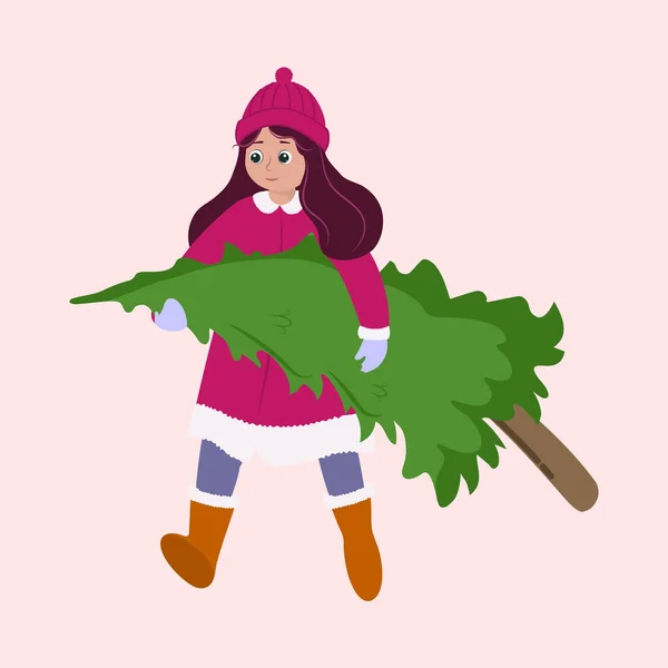 Xmas Tree Woolen Clothes Pink Background 소녀의 캐릭터 — 스톡 벡터