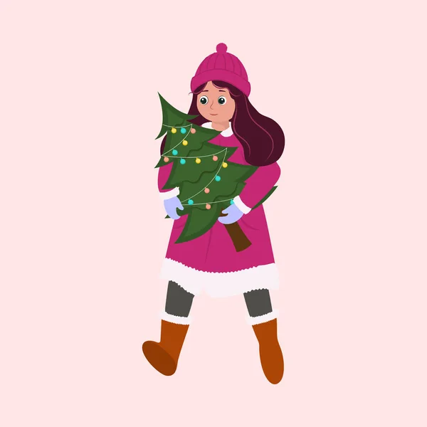 Character Young Girl Carrying Christmas Tree Woolen Clothes Pink Background — Stock Vector
