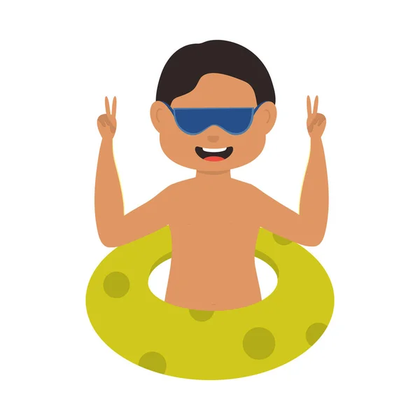 Cheerful Swimmer Boy Lifebuoy White Background — Stock Vector