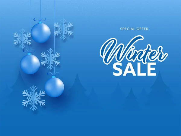 Winter Sale Poster Design Realistic Baubles Hang Snowflakes Blue Xmas — 스톡 벡터