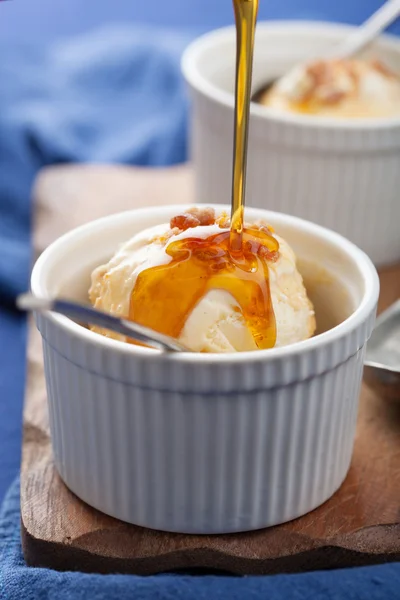 vanilla ice cream with caramel syrup